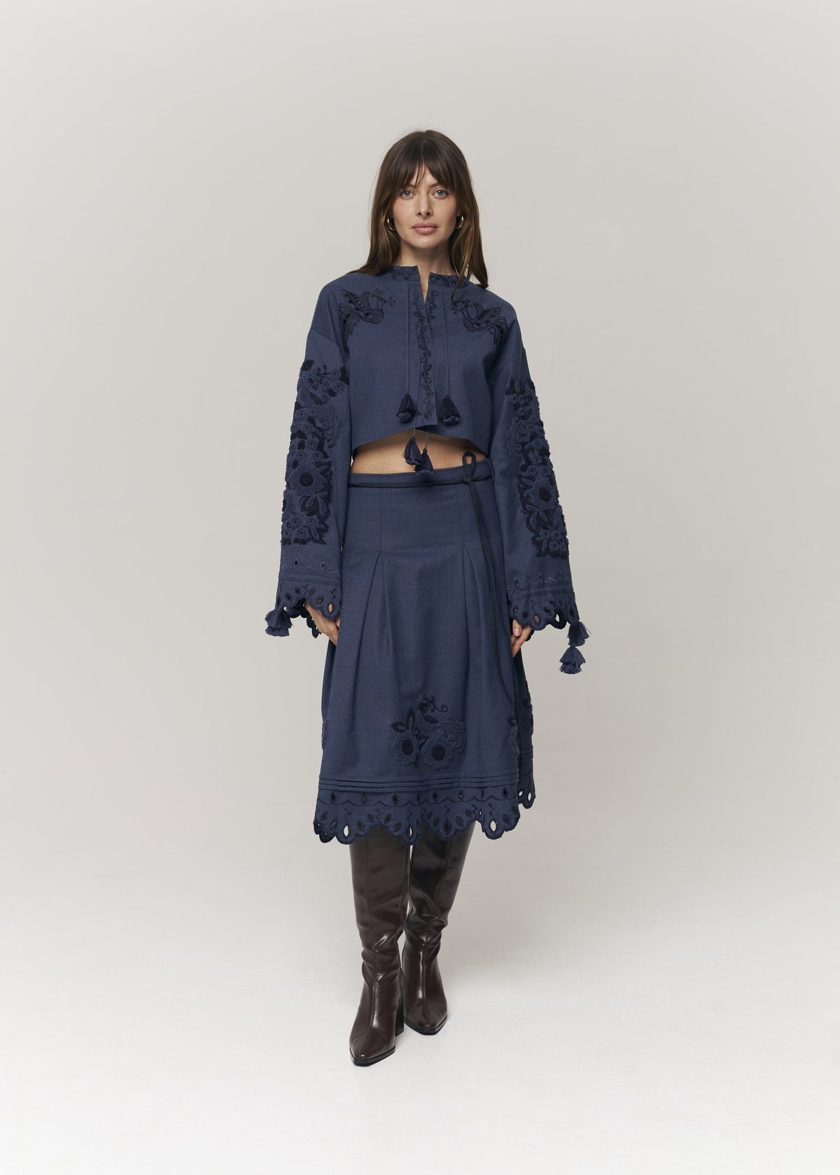 Midnight Mirage Embroidered Wool Midi Skirt