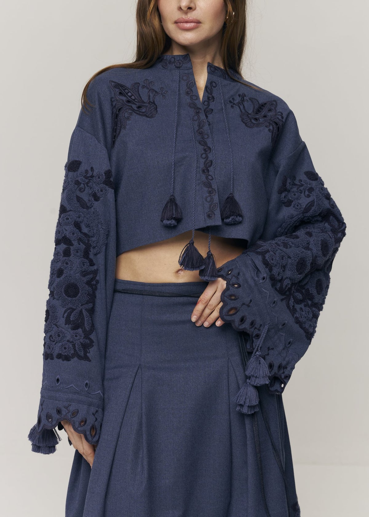 Midnight Mirage Embroidered Wool Midi Skirt