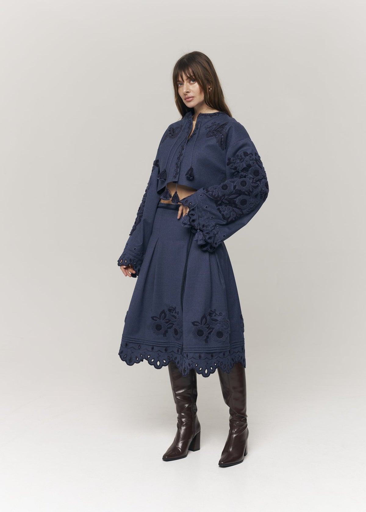 Midnight Mirage Embroidered Wool Midi Skirt
