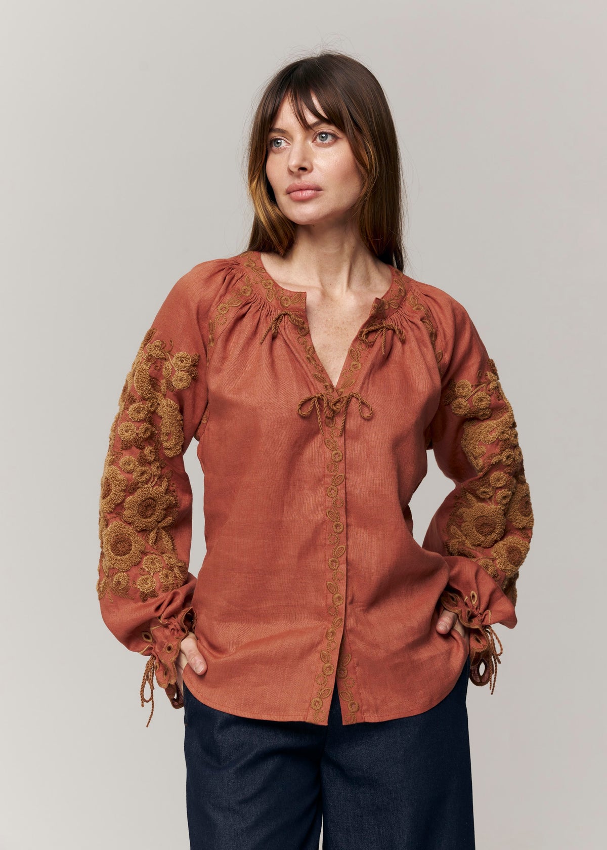 Harvest Sun Floral Embroidered Linen Blouse – Orange