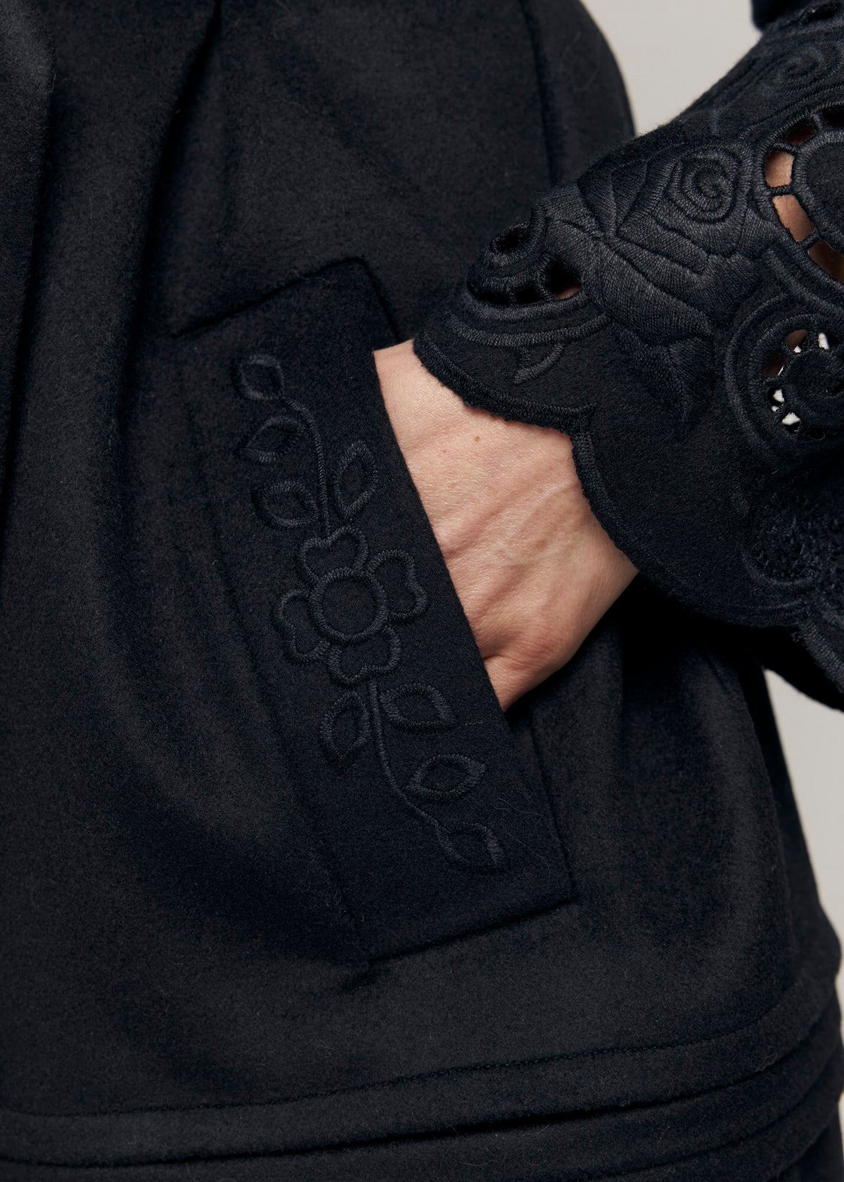 Rose Eclipse Black Wool & Cashmere Eyelet Coat