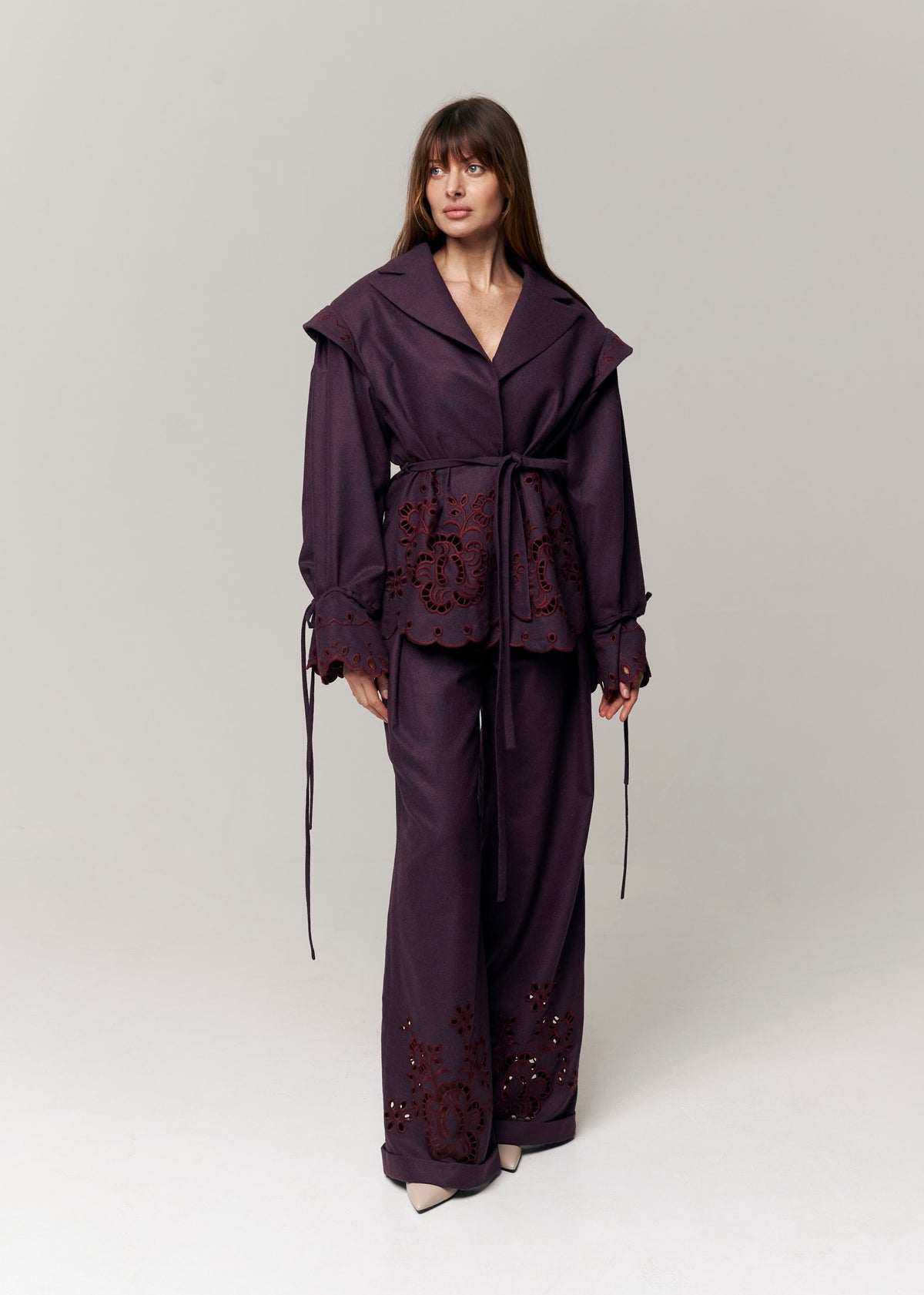 Burgundy Rose Eyelet Embroidered Wide-Leg Pants