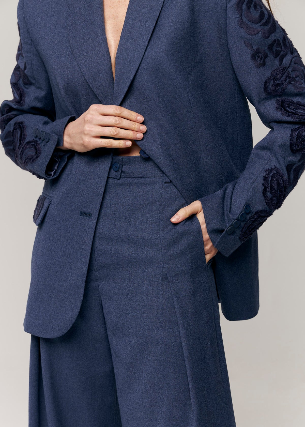 Velvet Rose Embroidered Wool Wide-Leg Pants — Steel Blue
