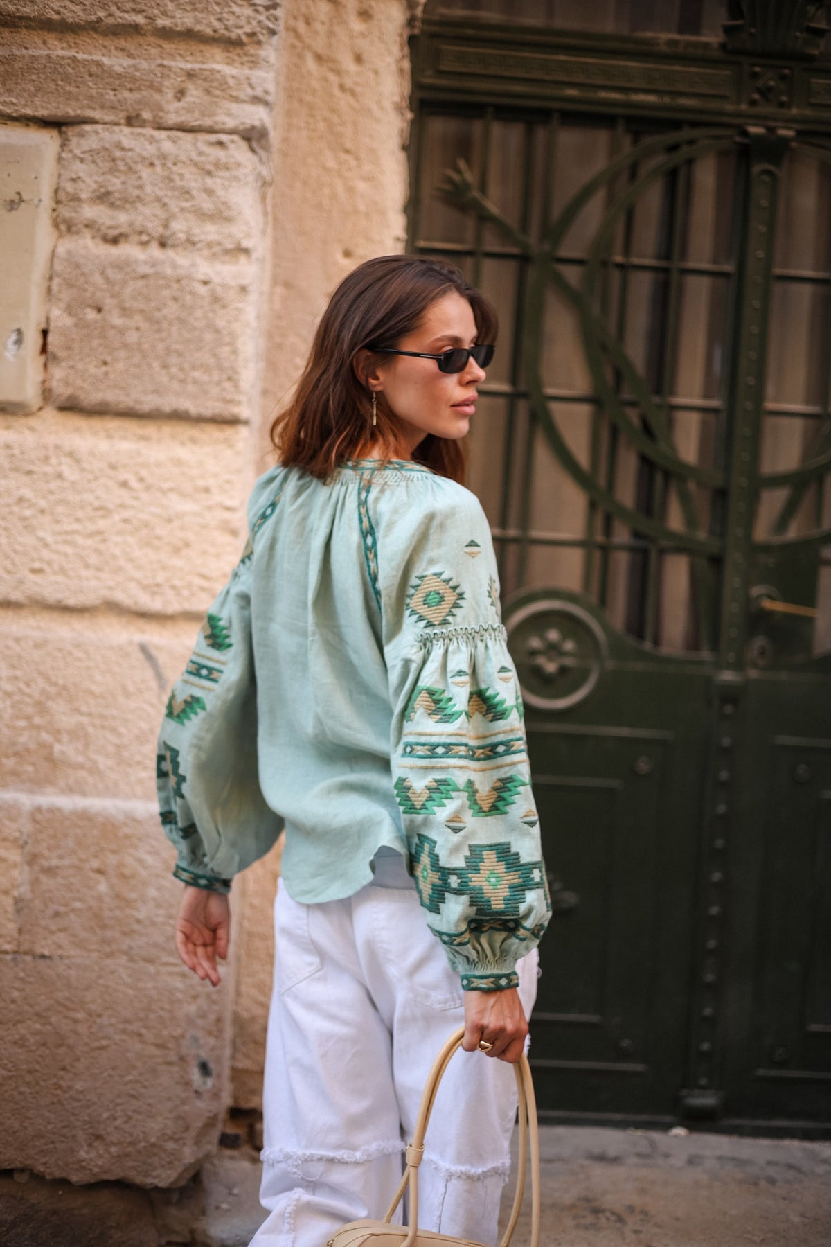 Rombé Geometric Embroidered Linen Blouse – Green