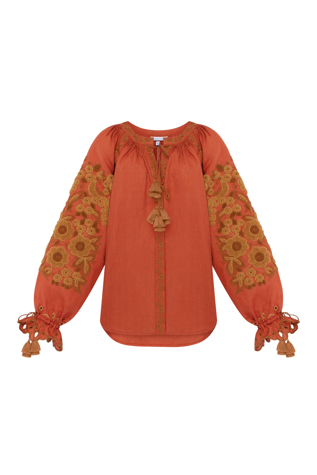 HARVEST SUN orange floral embroidered linen blouse by ANNABO