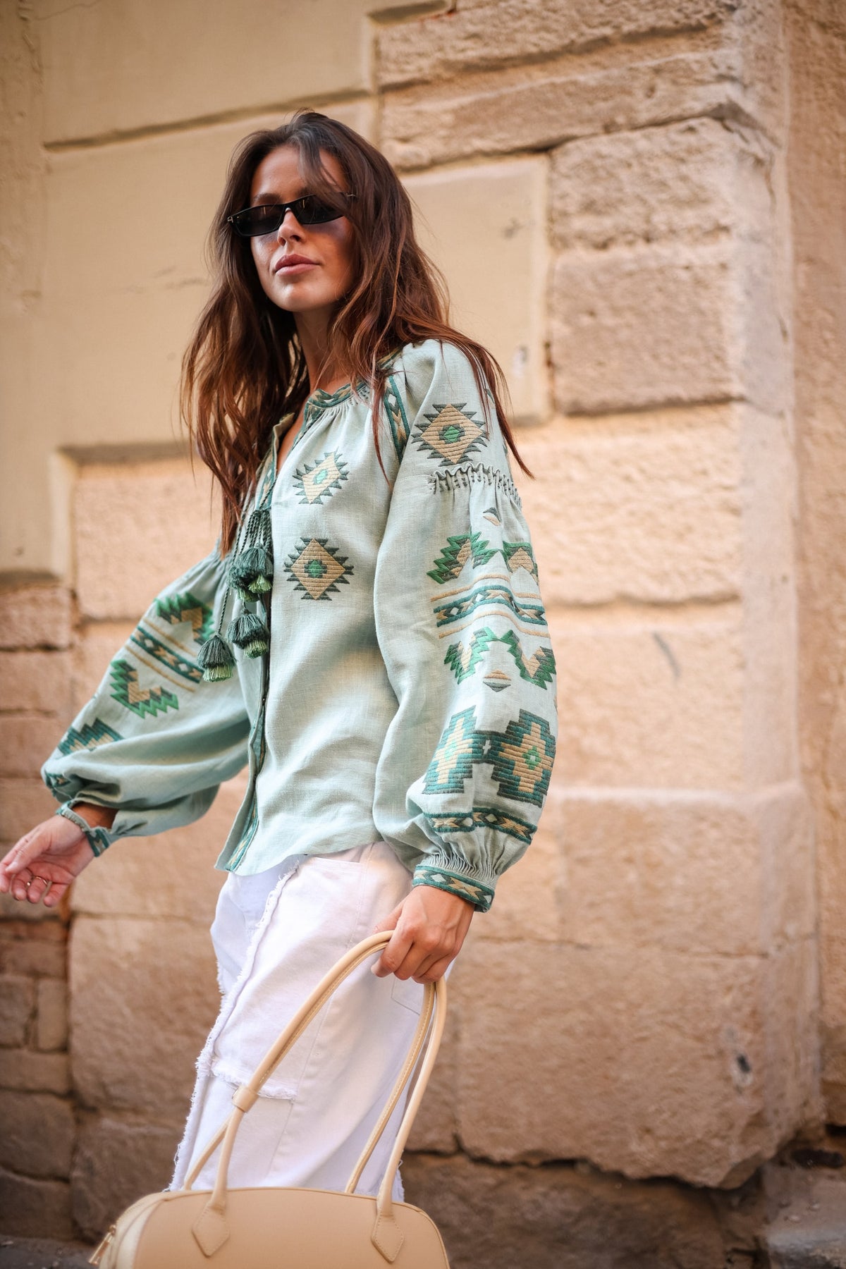 Rombé Geometric Embroidered Linen Blouse – Green