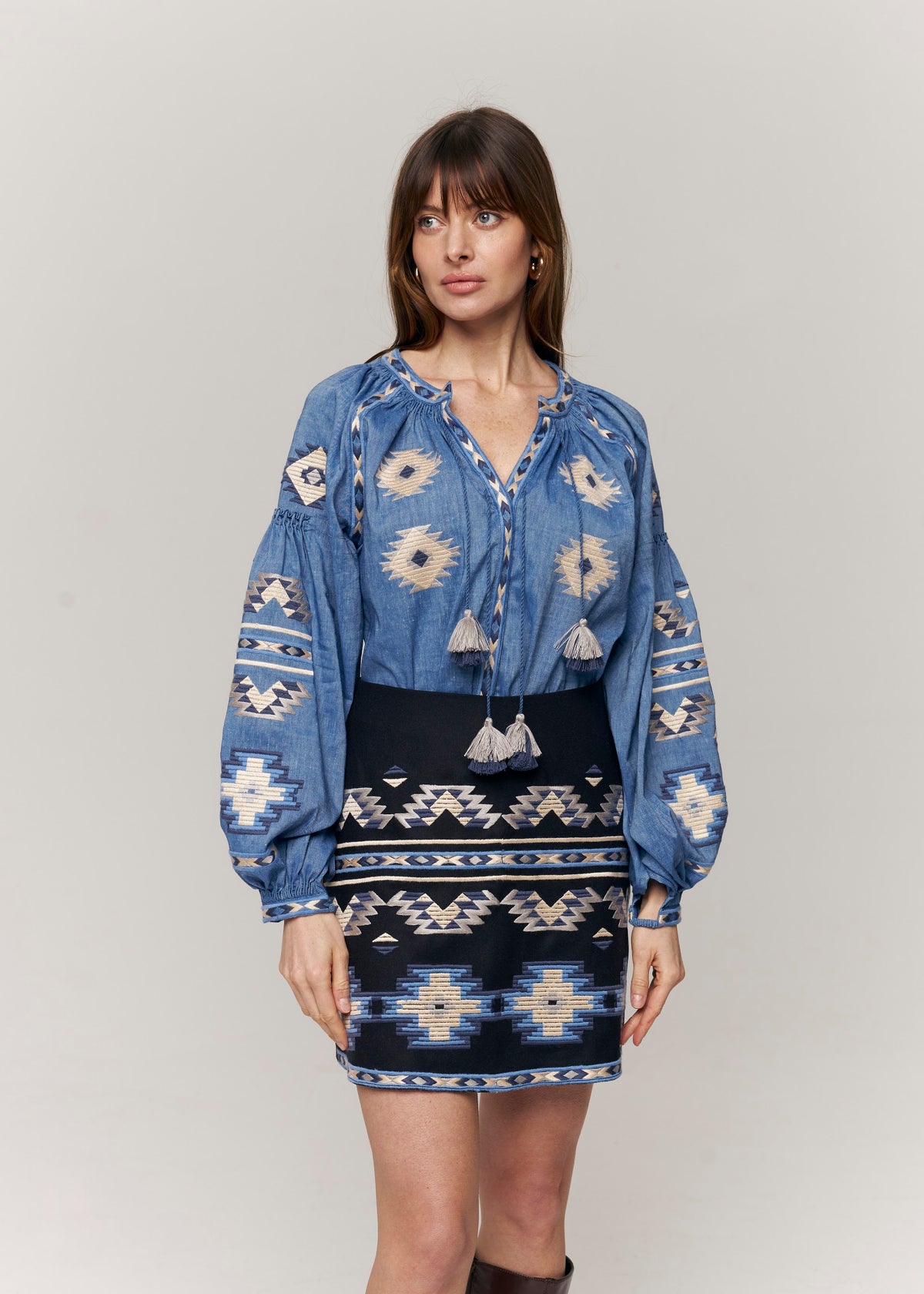 Rombé Geometric Embroidered Wool Mini Skirt – Blue
