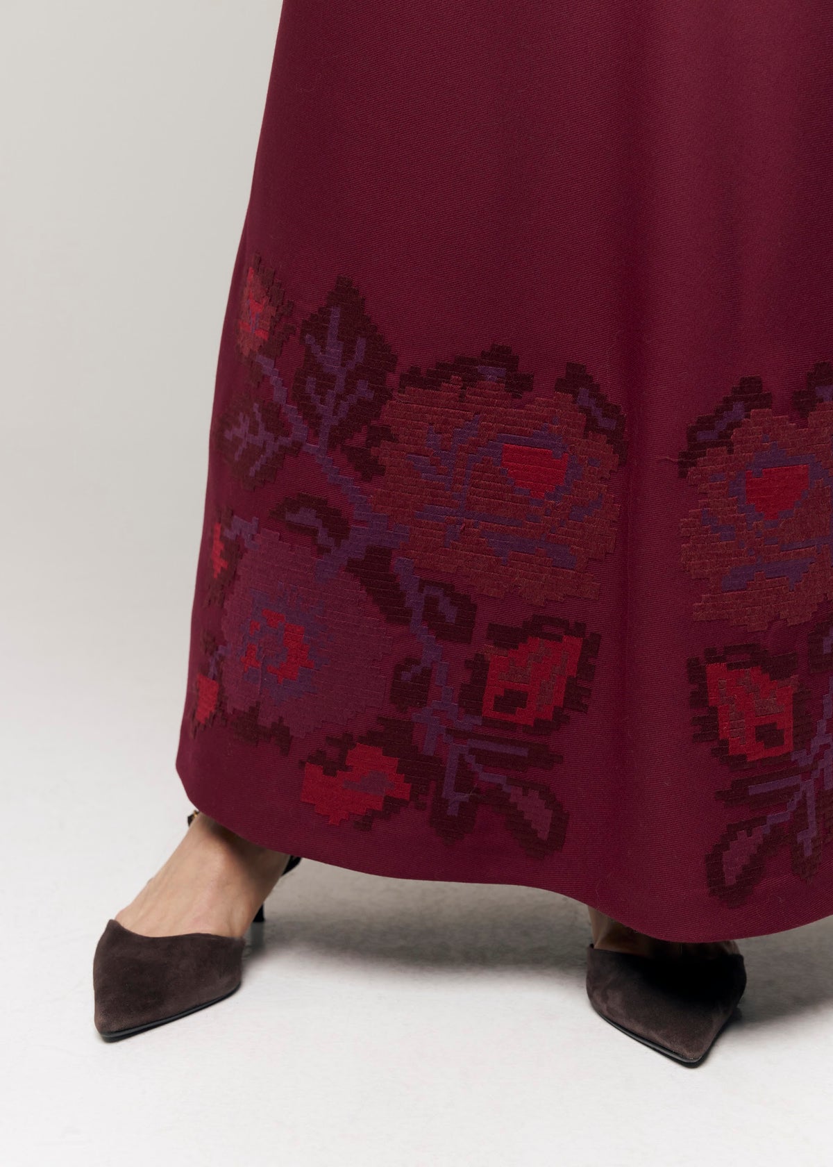 Crimson Pixel Rose Embroidered Wool Maxi Skirt