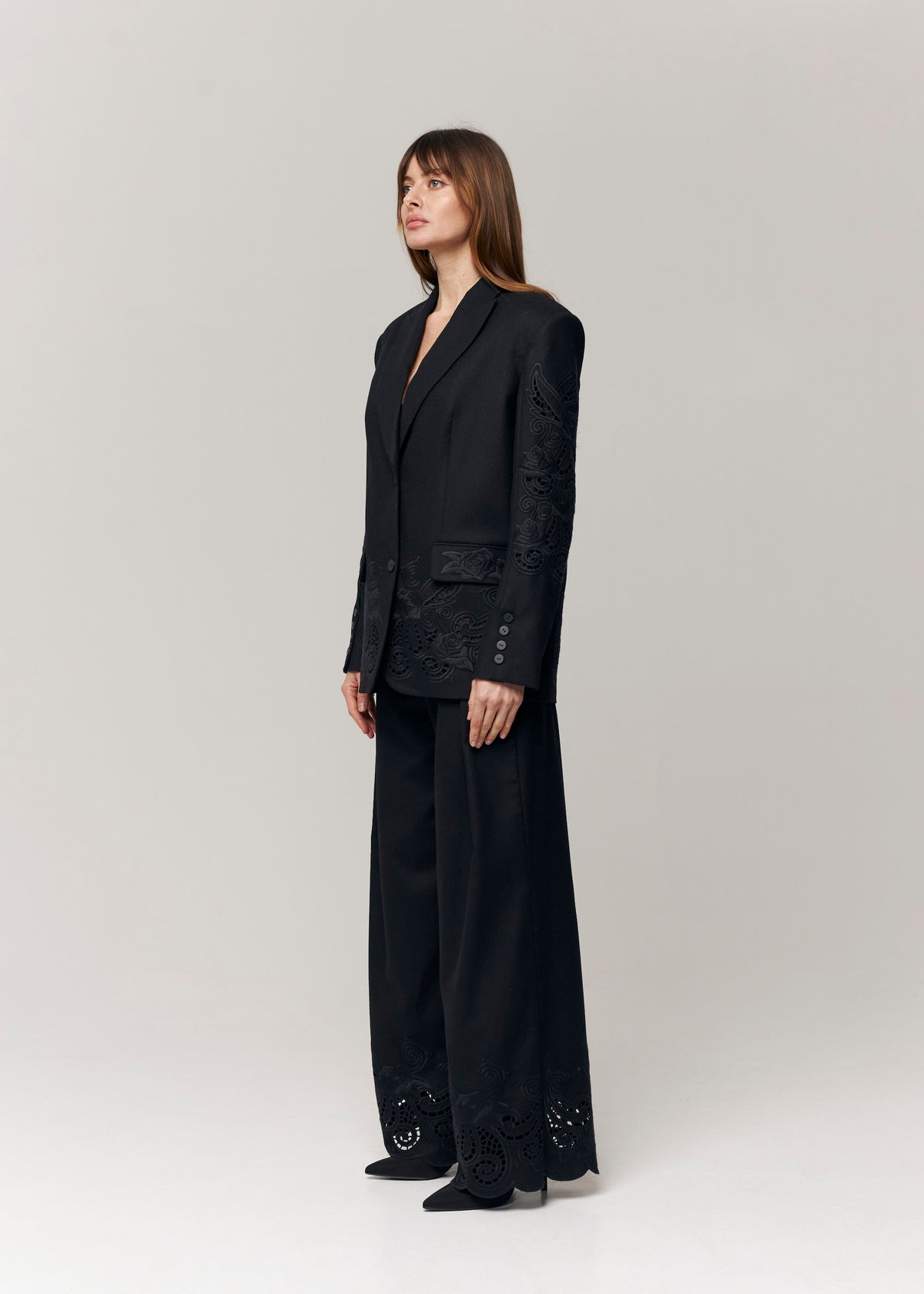 Black Rose Eyelet Embroidered Wool Wide-Leg Pants