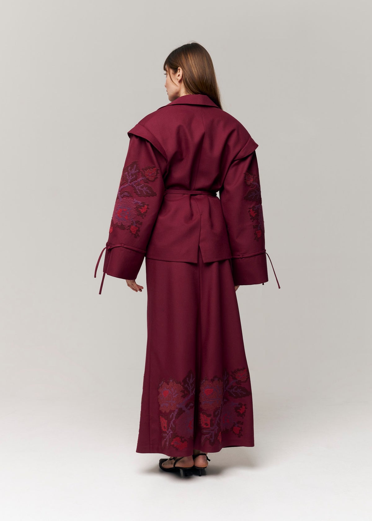 Crimson Pixel Rose Embroidered Wool Peplum Jacket