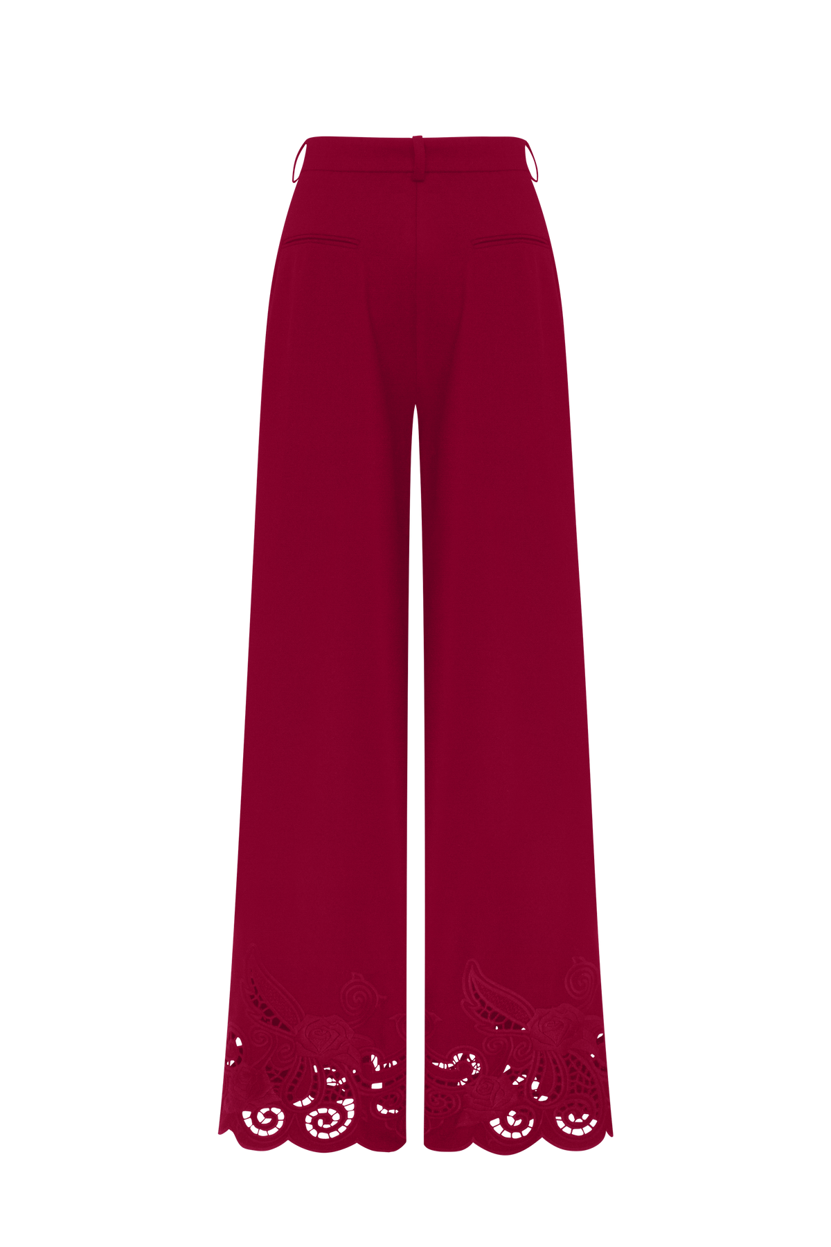 Crimson Rose Eyelet Embroidered Wool Wide-Leg Pants