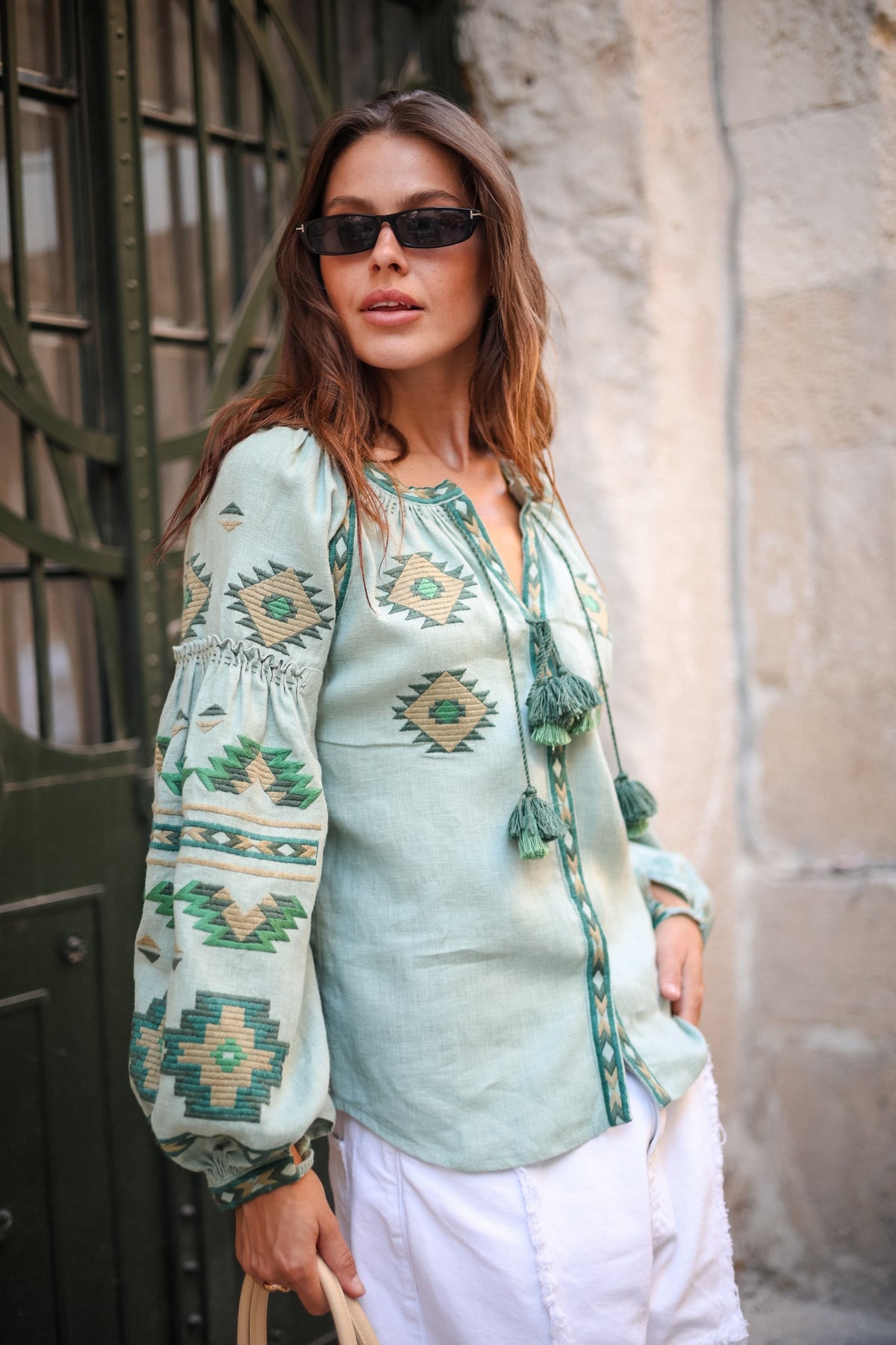 Rombé Geometric Embroidered Linen Blouse – Green