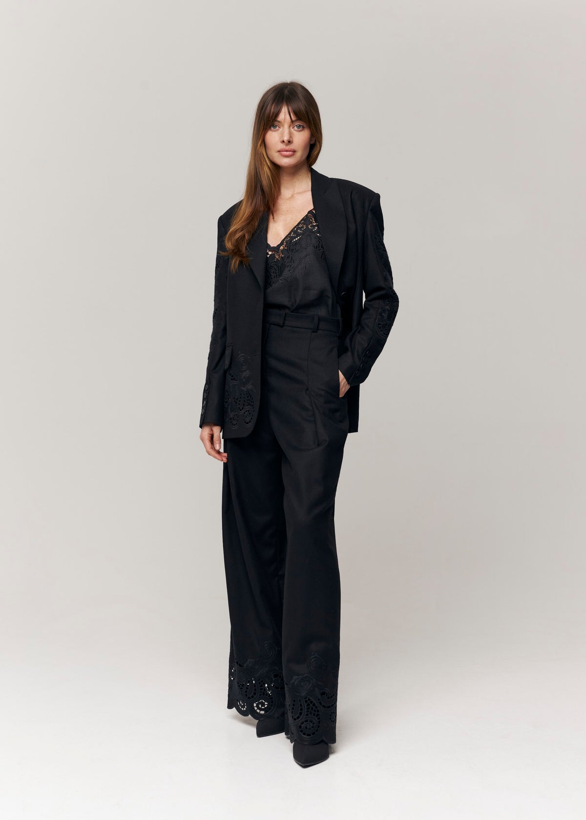 Black Rose Eyelet Embroidered Wool Wide-Leg Pants