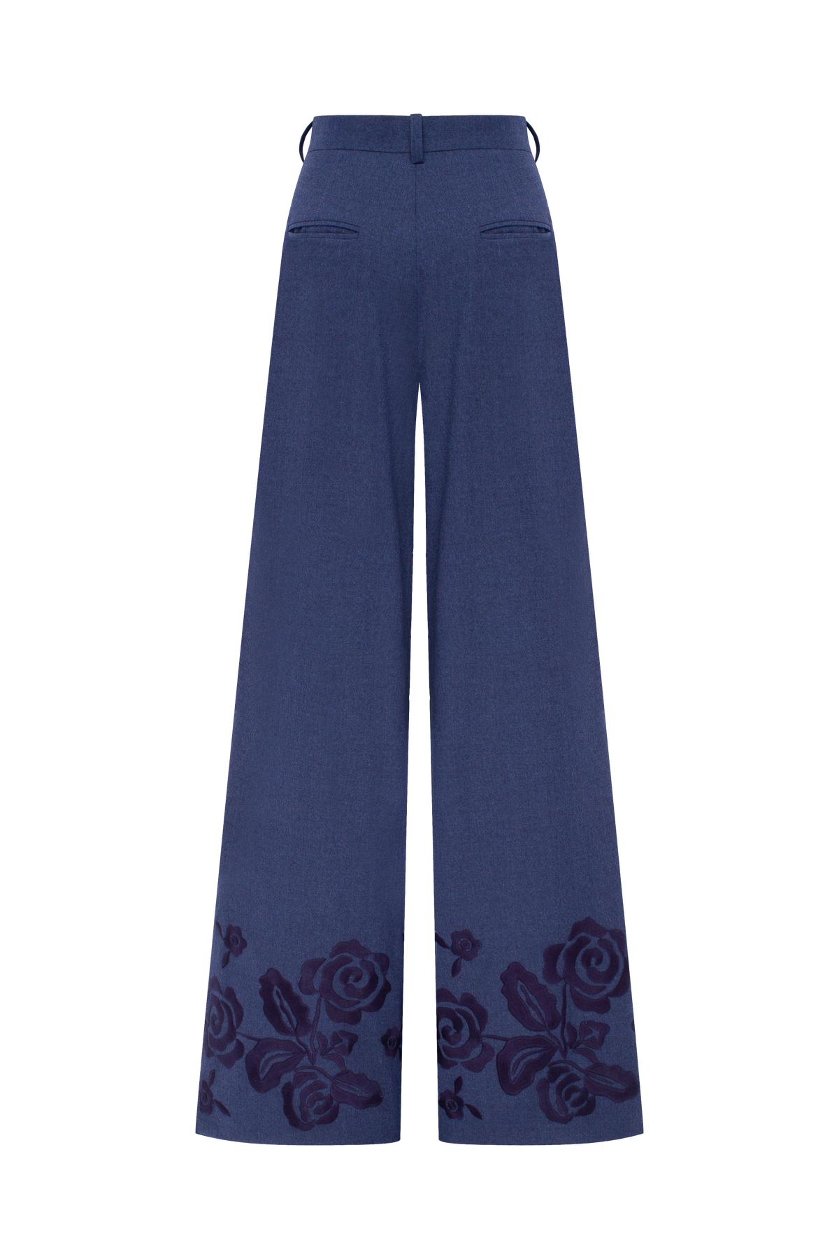 Velvet Rose Embroidered Wool Wide-Leg Pants – Steel Blue