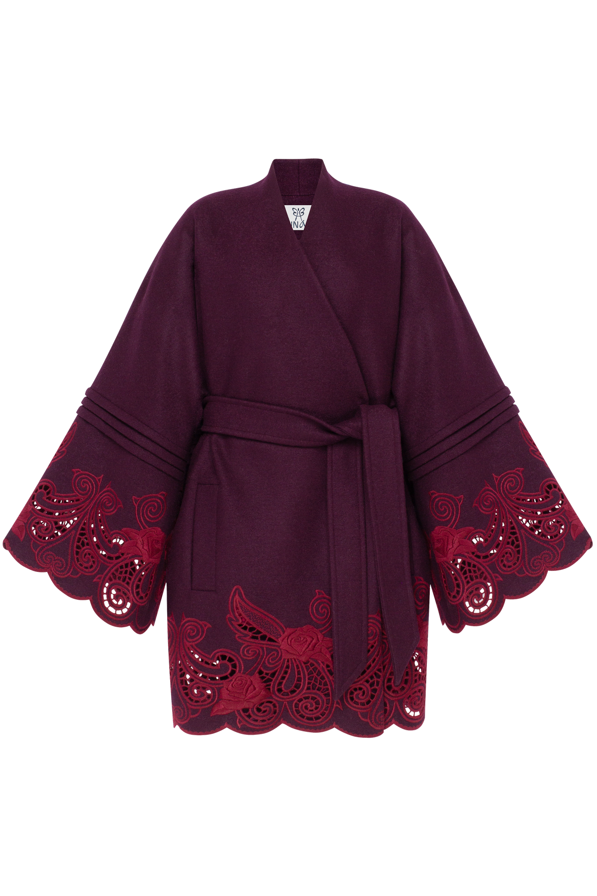 Winter Plum embroidered wool wrap coat