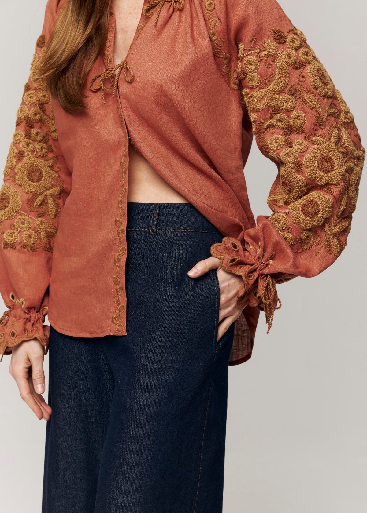 Harvest Sun Floral Embroidered Linen Blouse – Orange