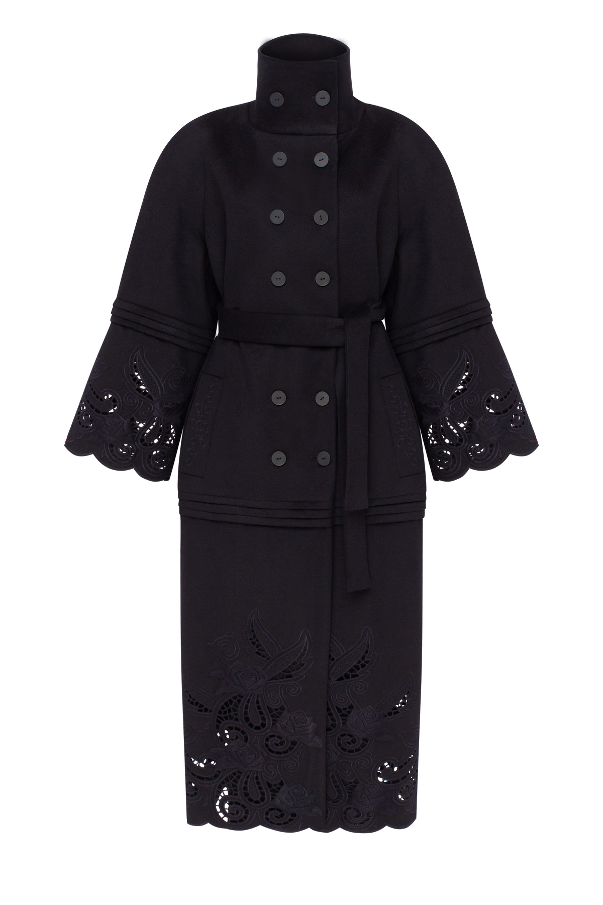 Rose Eclipse Black wool and cashmere eyelet coat