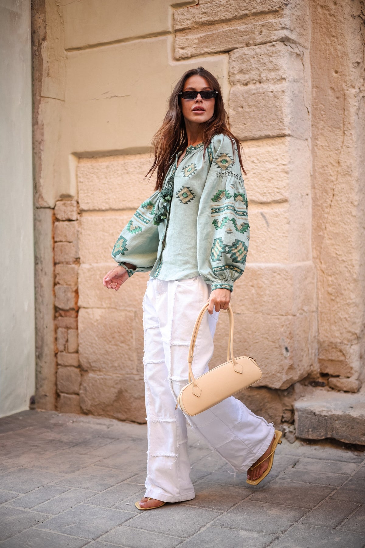 Rombé Geometric Embroidered Linen Blouse – Green