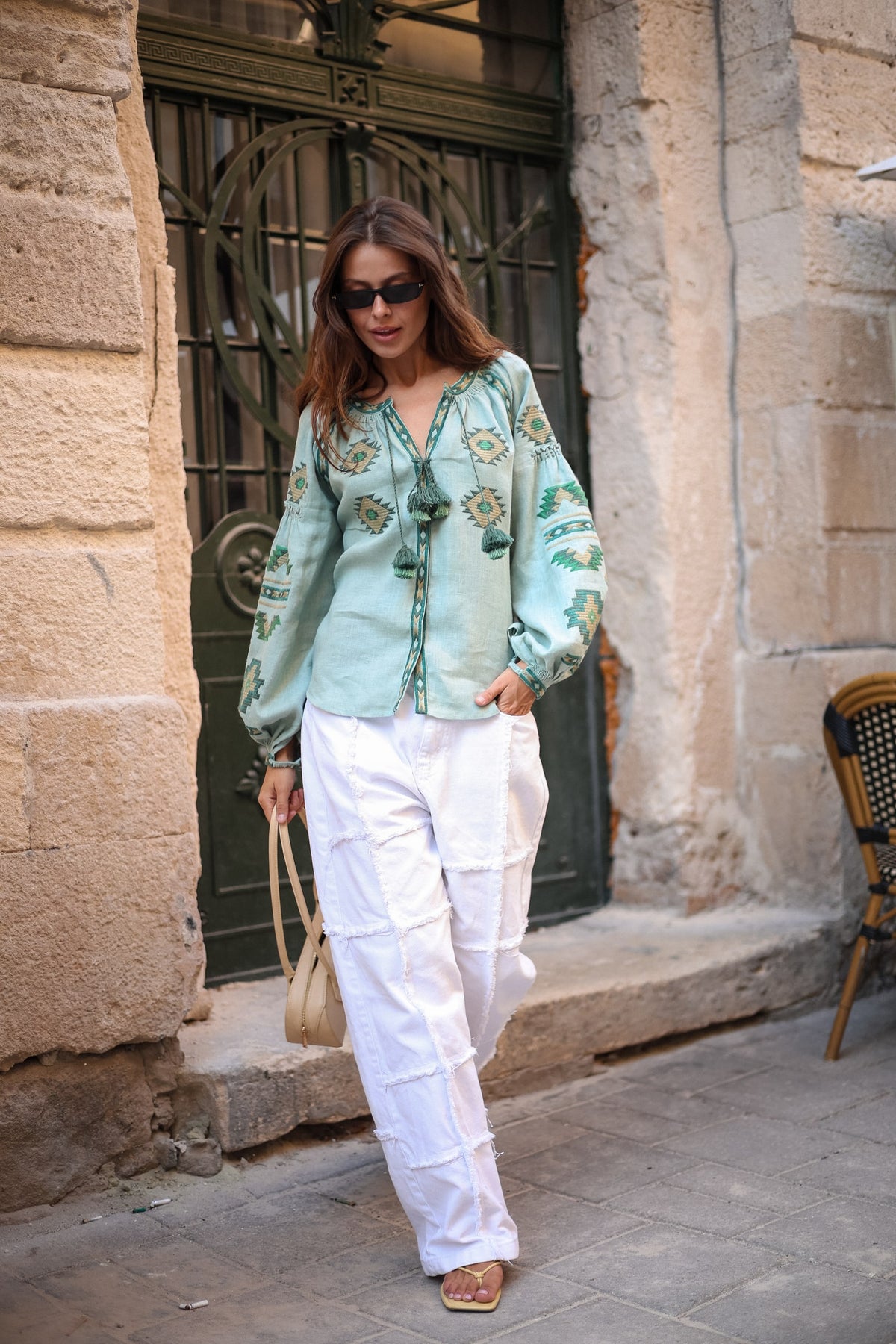 Rombé Geometric Embroidered Linen Blouse – Green