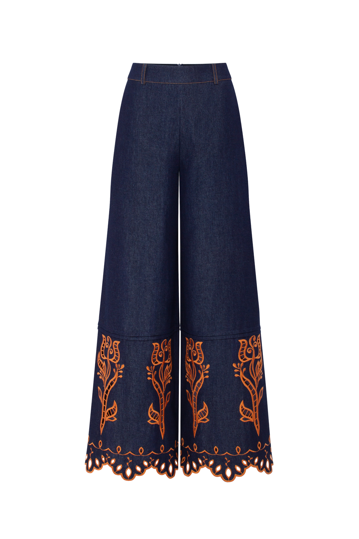 Velvet Rose Embroidered Denim Wide-Leg Pants
