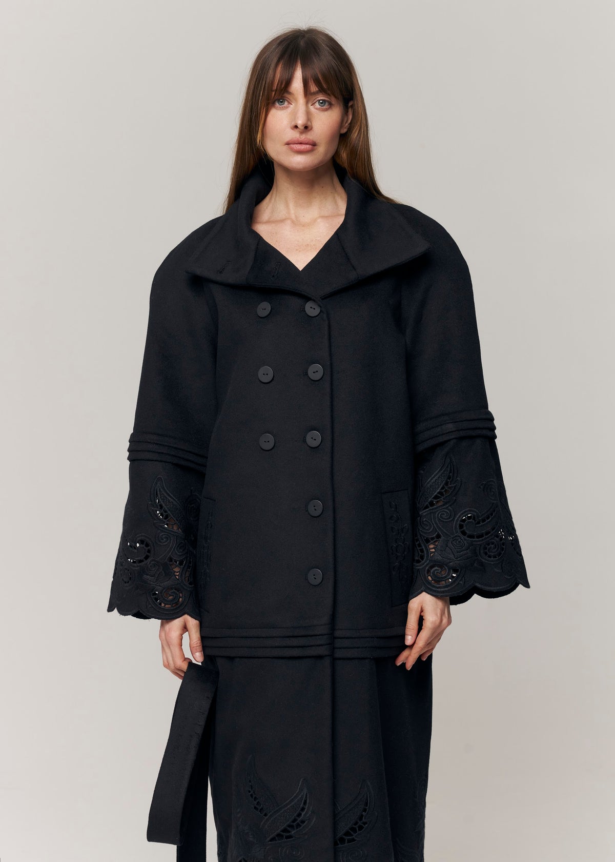 Rose Eclipse Black Wool & Cashmere Eyelet Coat
