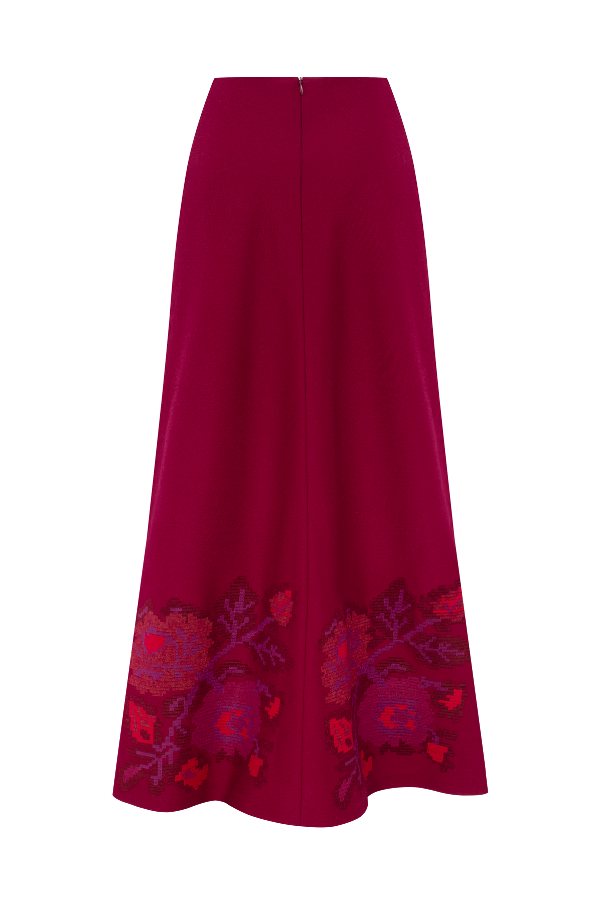 Crimson Pixel Rose embroidered wool maxi skirt
