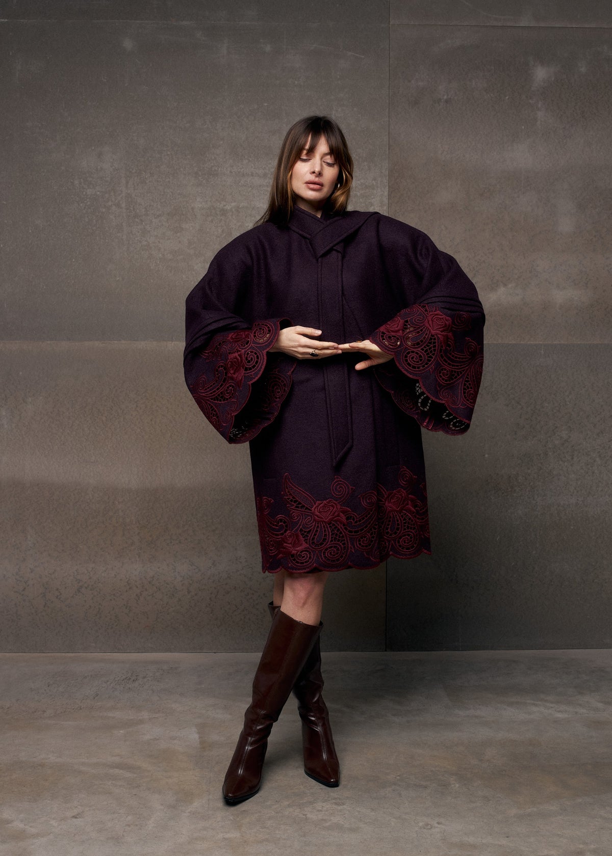 Winter Plum Embroidered Wool Wrap Coat