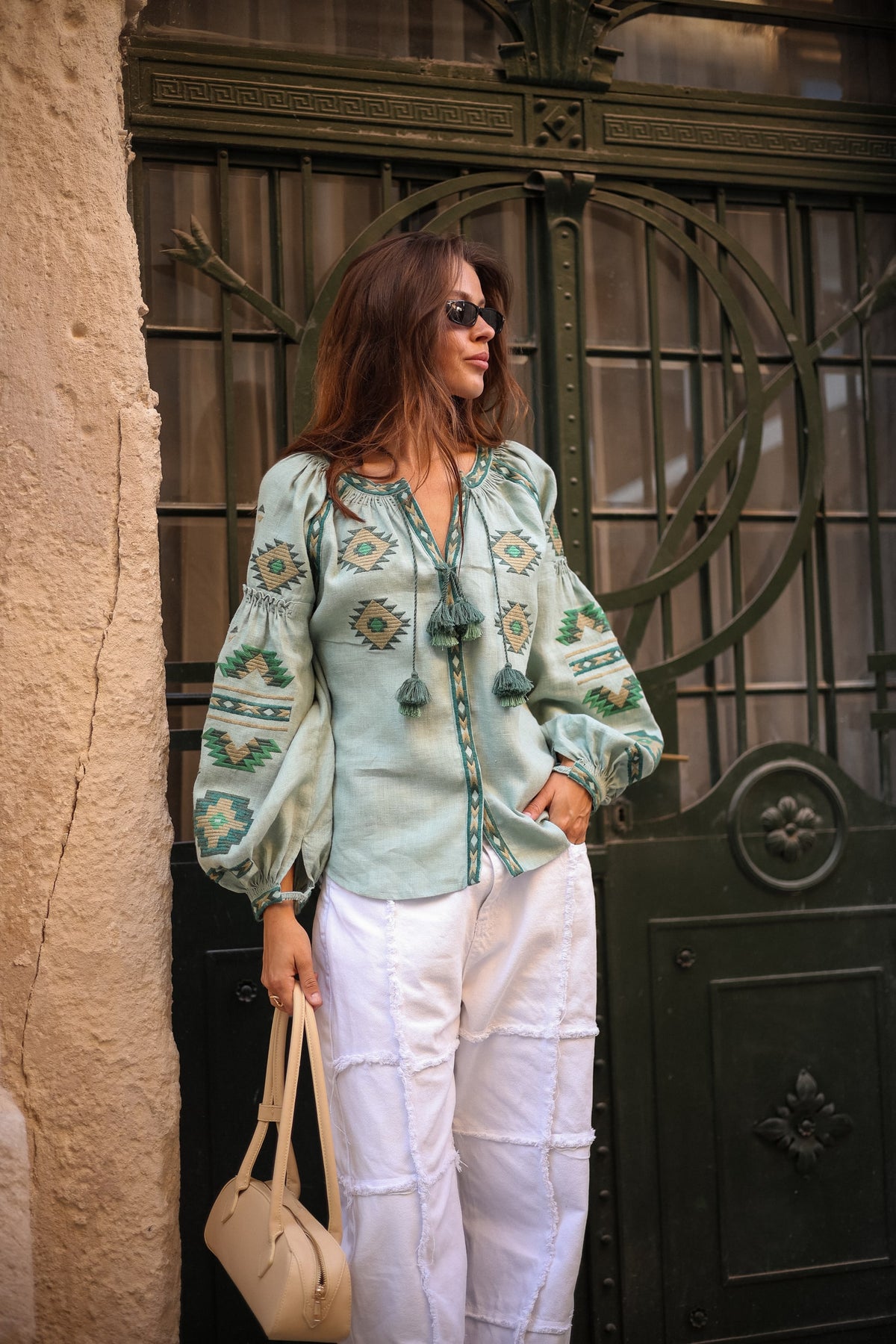 Rombé Geometric Embroidered Linen Blouse – Green