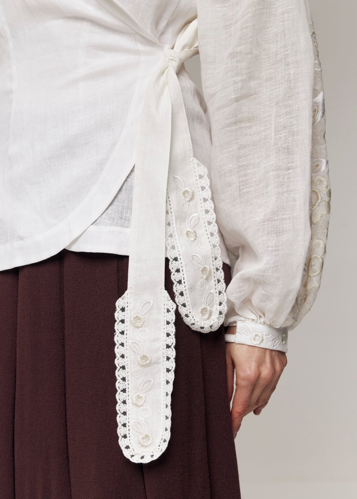Roseveil Embroidered Linen Wrap Blouse – White