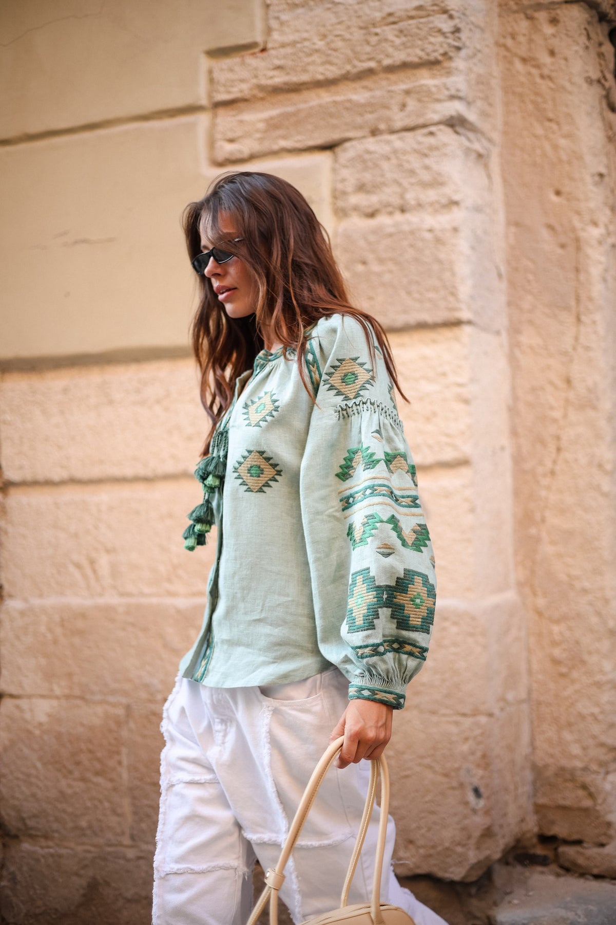 Rombé Geometric Embroidered Linen Blouse – Green