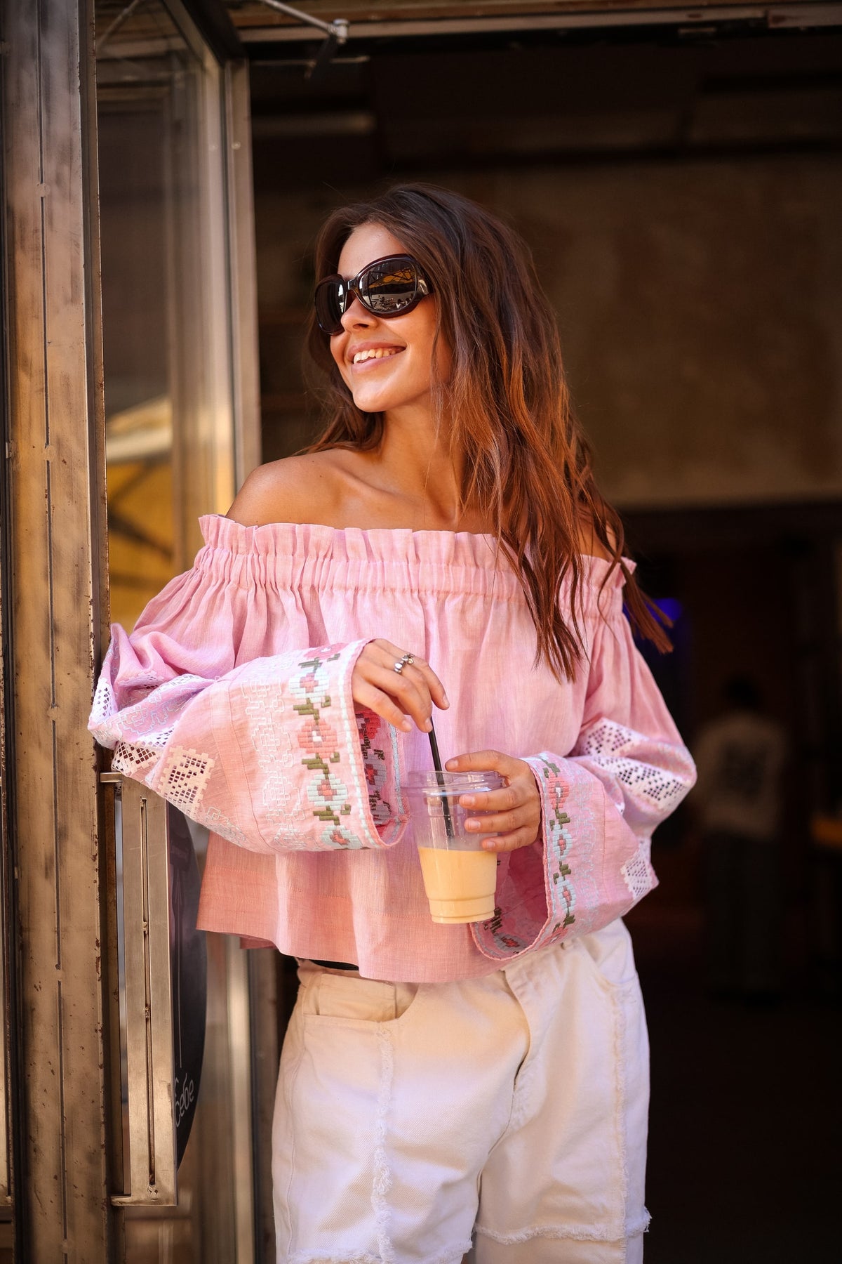 Rombé Geometric Embroidered Linen Blouse – Green