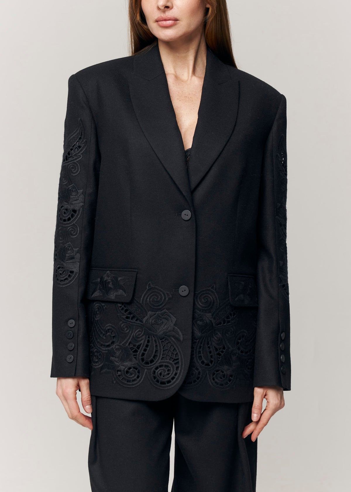 Black Rose Eyelet Embroidered Wool Wide-Leg Pants