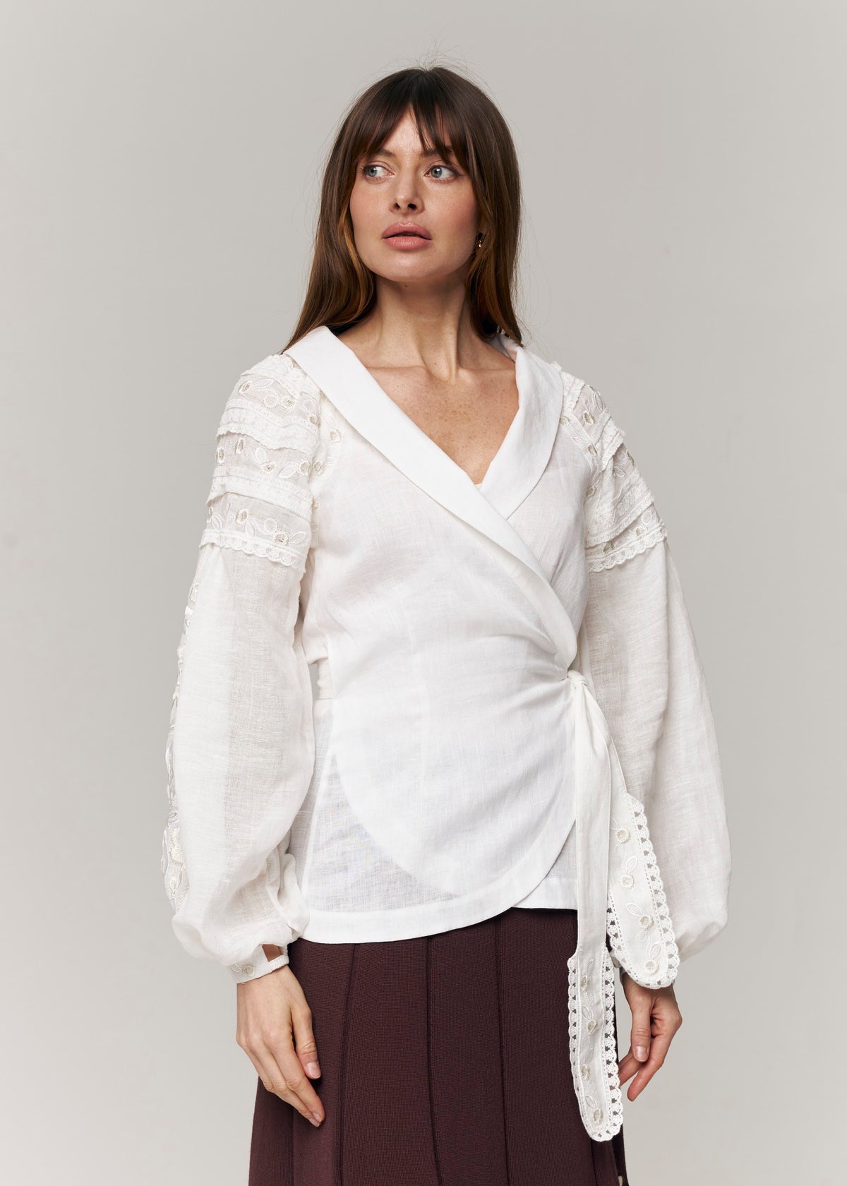 Roseveil Embroidered Linen Wrap Blouse – White