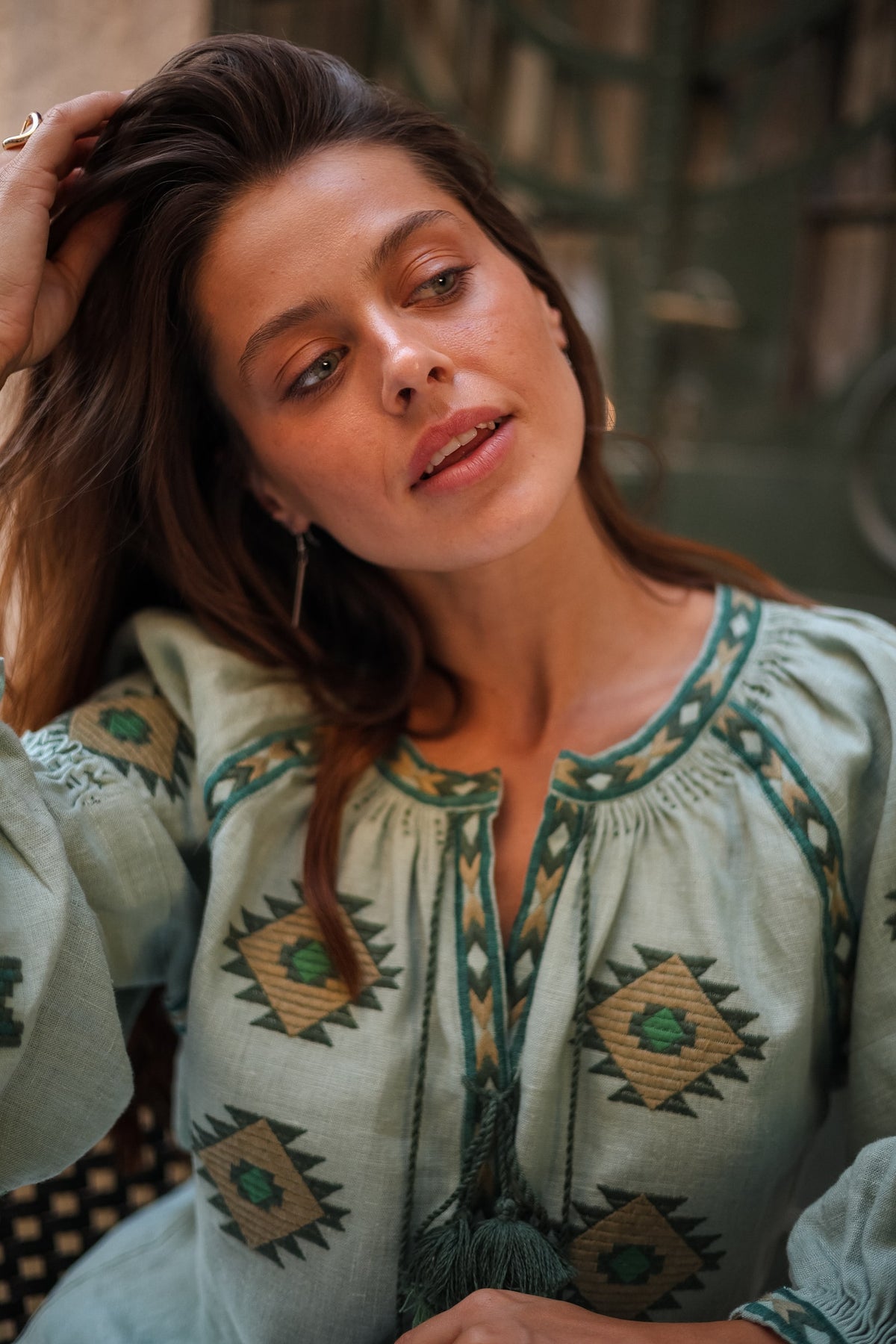 Rombé Geometric Embroidered Linen Blouse – Green