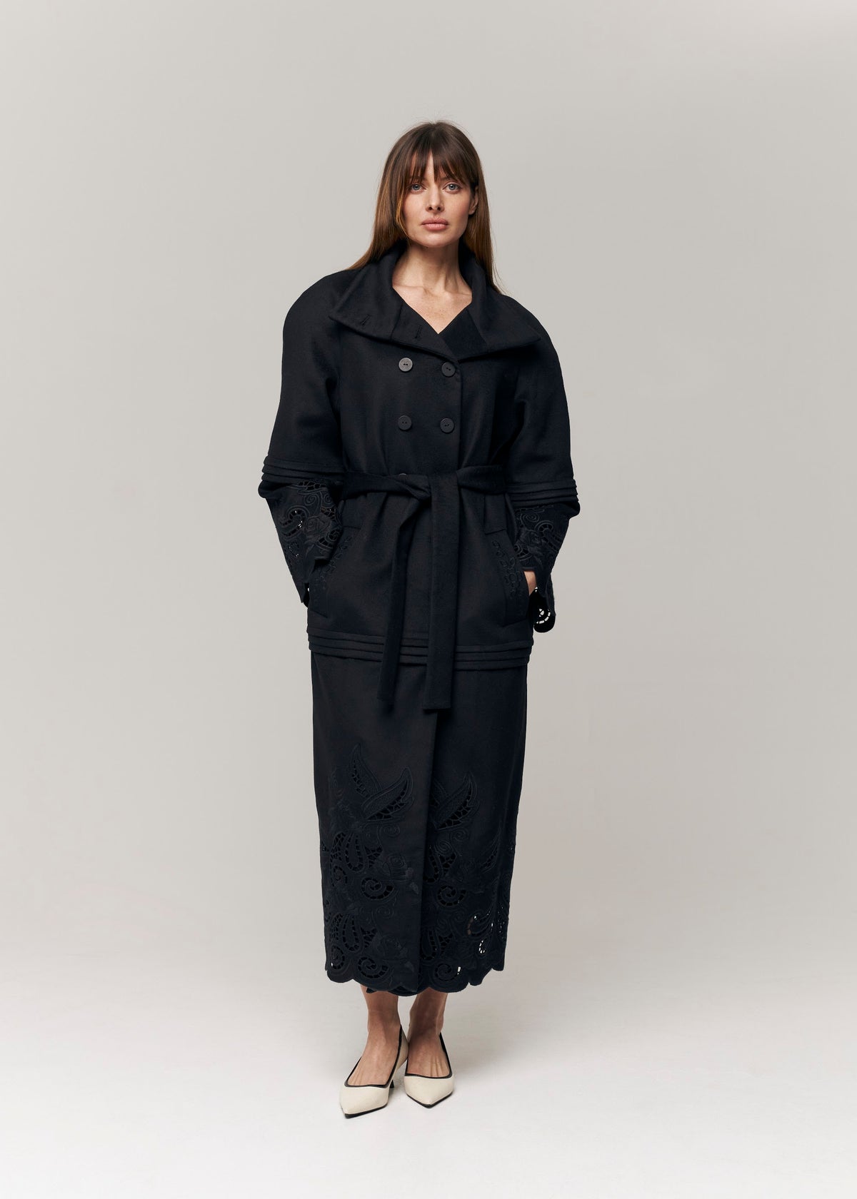 Rose Eclipse Black Wool & Cashmere Eyelet Coat