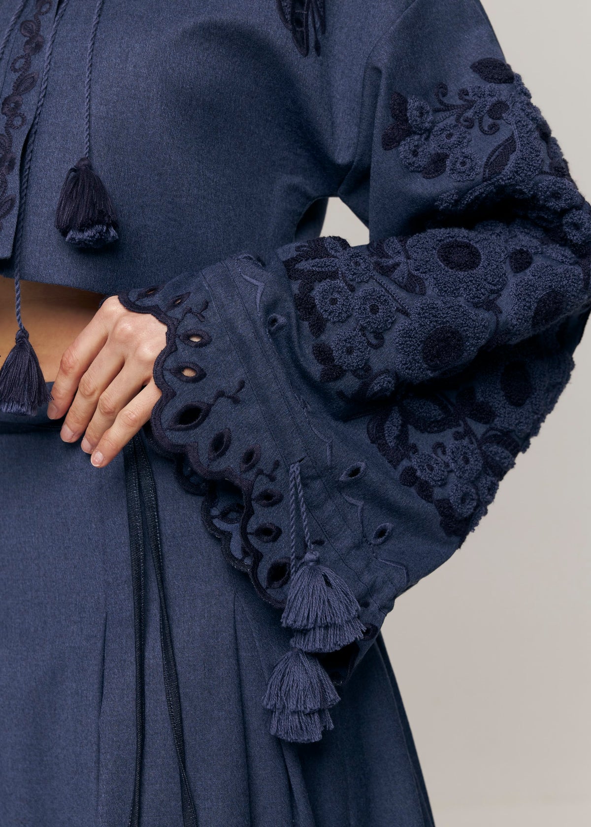 Midnight Mirage Embroidered Cropped Jacket – Blue