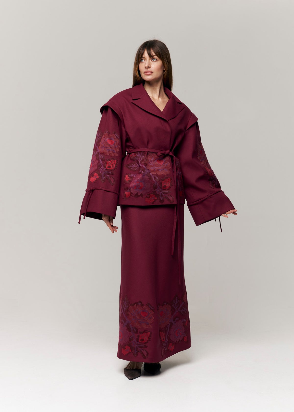 Crimson Pixel Rose Embroidered Wool Maxi Skirt