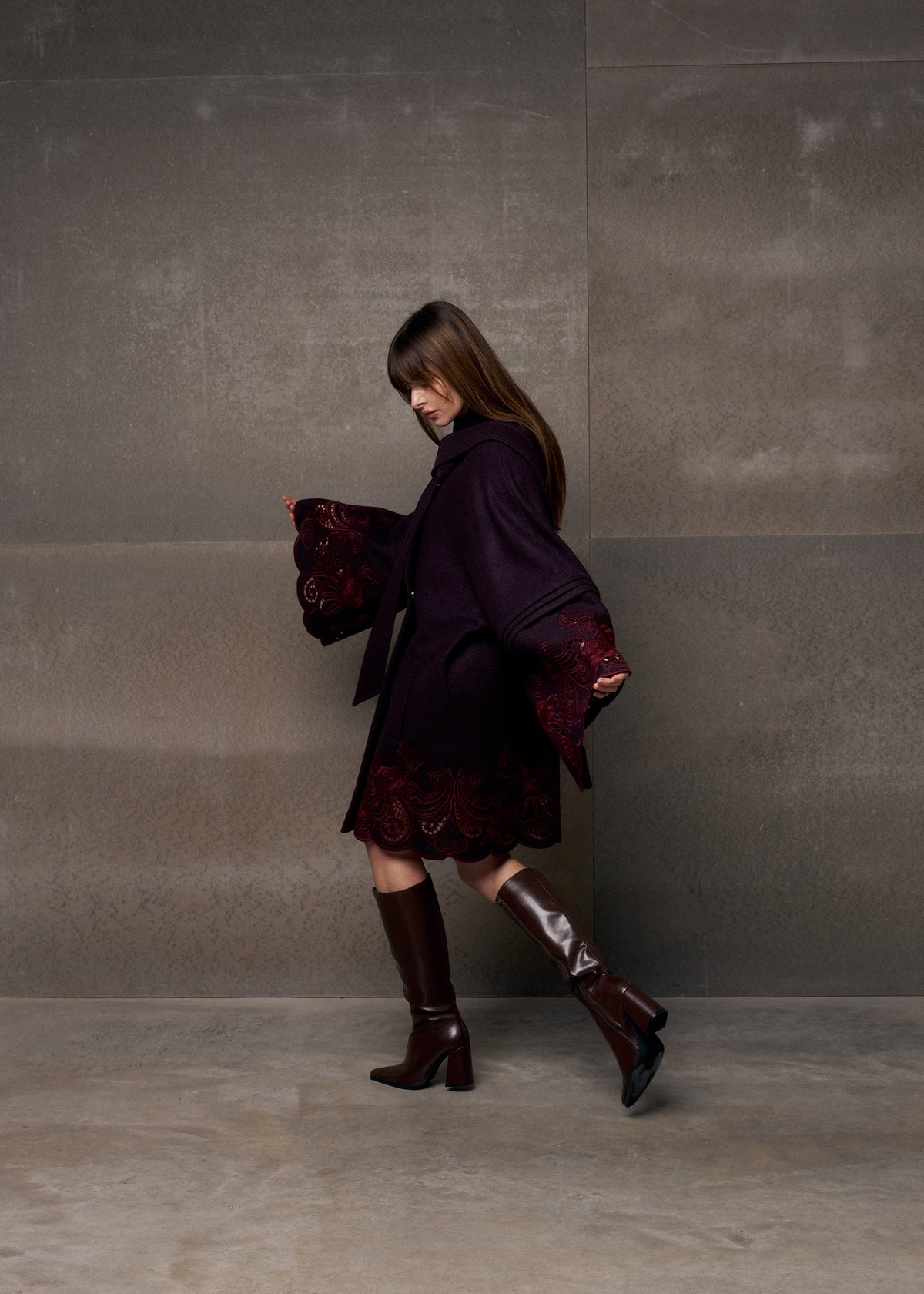 Winter Plum Embroidered Wool Wrap Coat