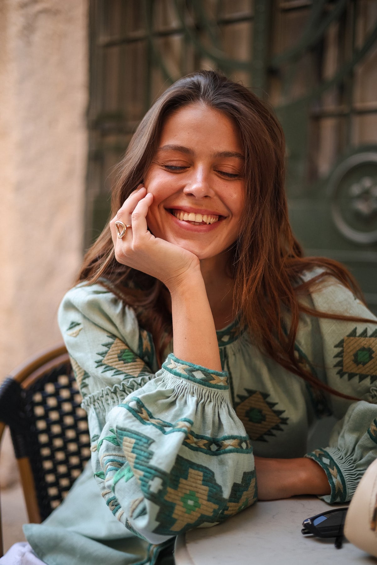 Rombé Geometric Embroidered Linen Blouse – Green