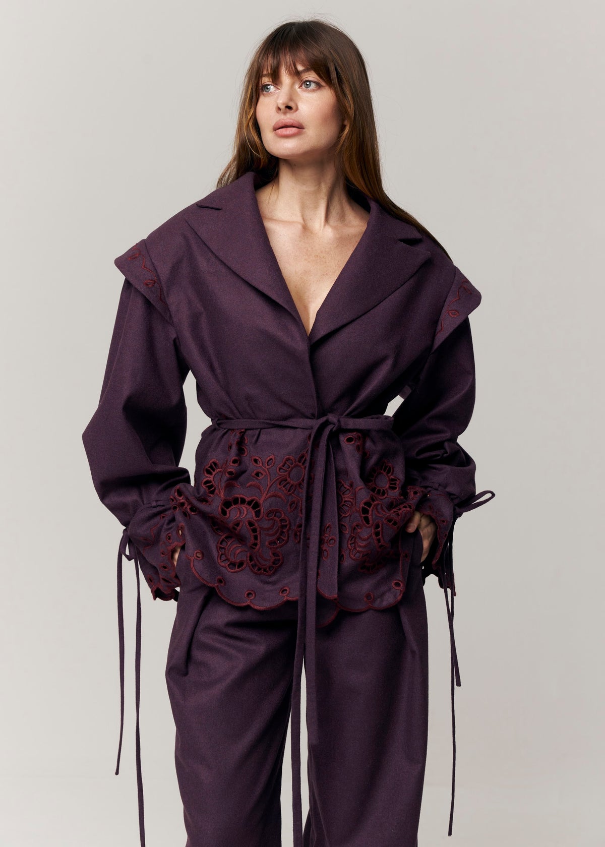 Burgundy Rose Eyelet Embroidered Wool Blazer