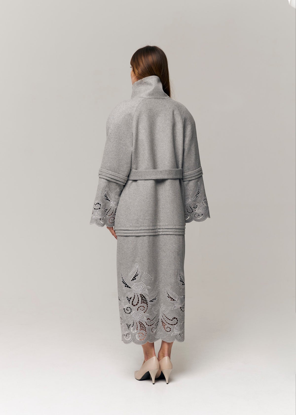 Rose Eclipse Grey Wool & Cashmere Eyelet Coat