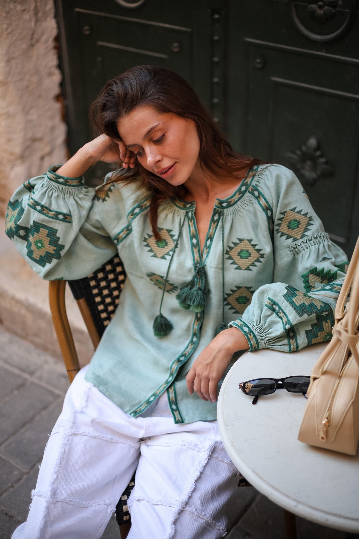 Rombé Geometric Embroidered Linen Blouse – Green