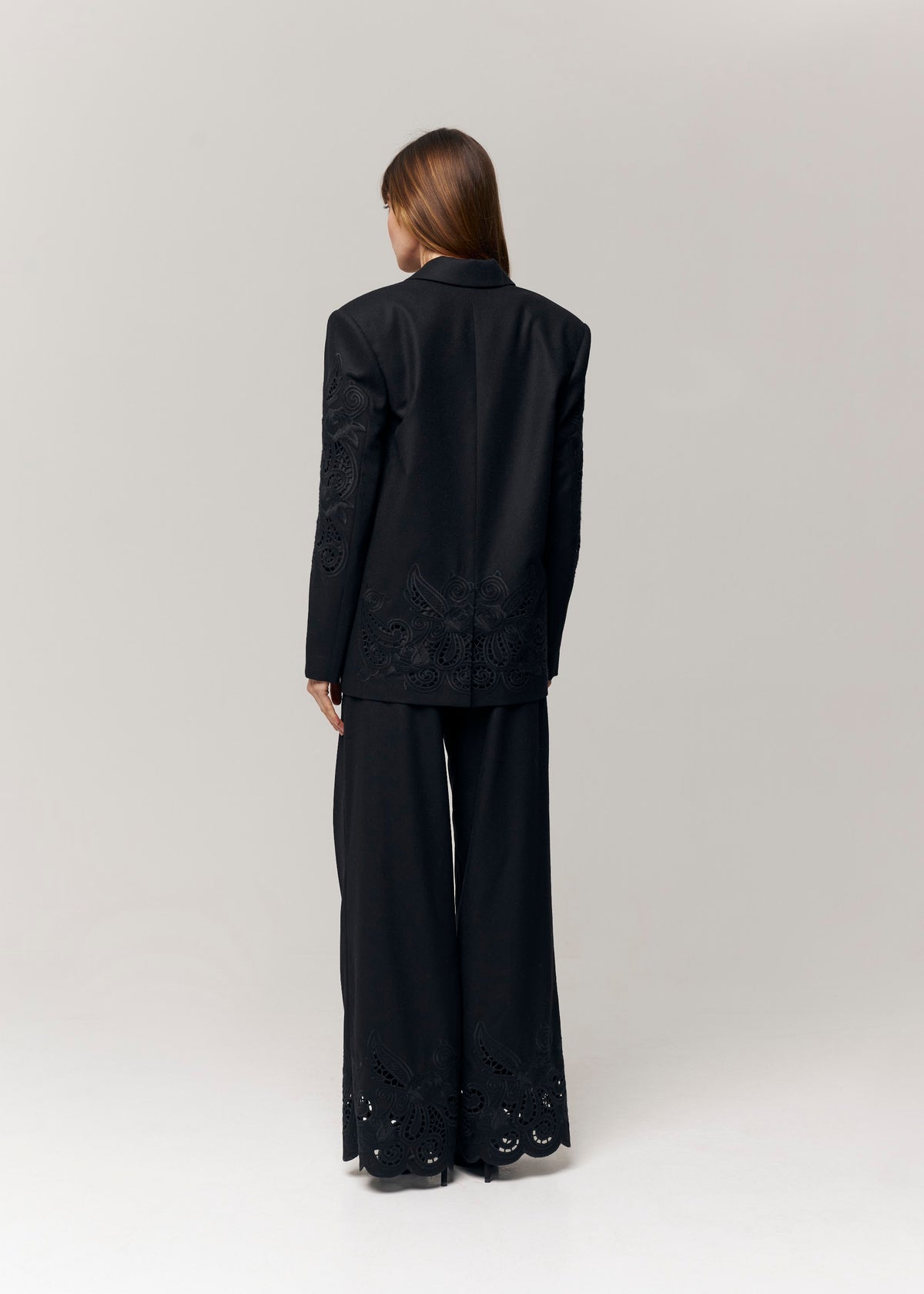 Black Rose Eyelet Embroidered Wool Wide-Leg Pants