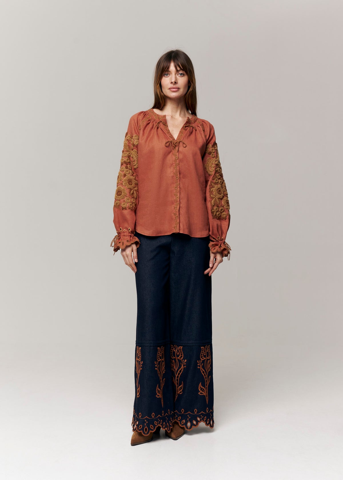Harvest Sun Floral Embroidered Linen Blouse – Orange
