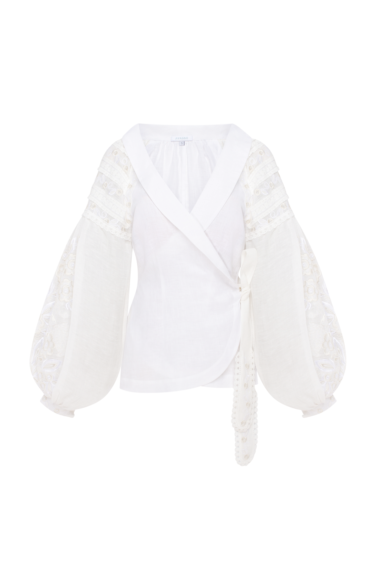 ROSEVEIL white embroidered linen wrap blouse by ANNABO