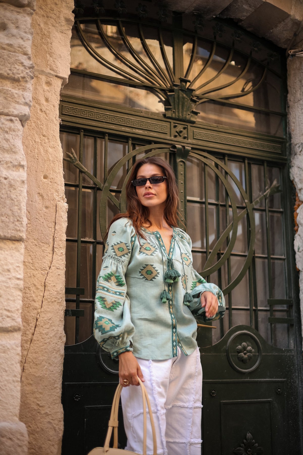 Rombé Geometric Embroidered Linen Blouse – Green