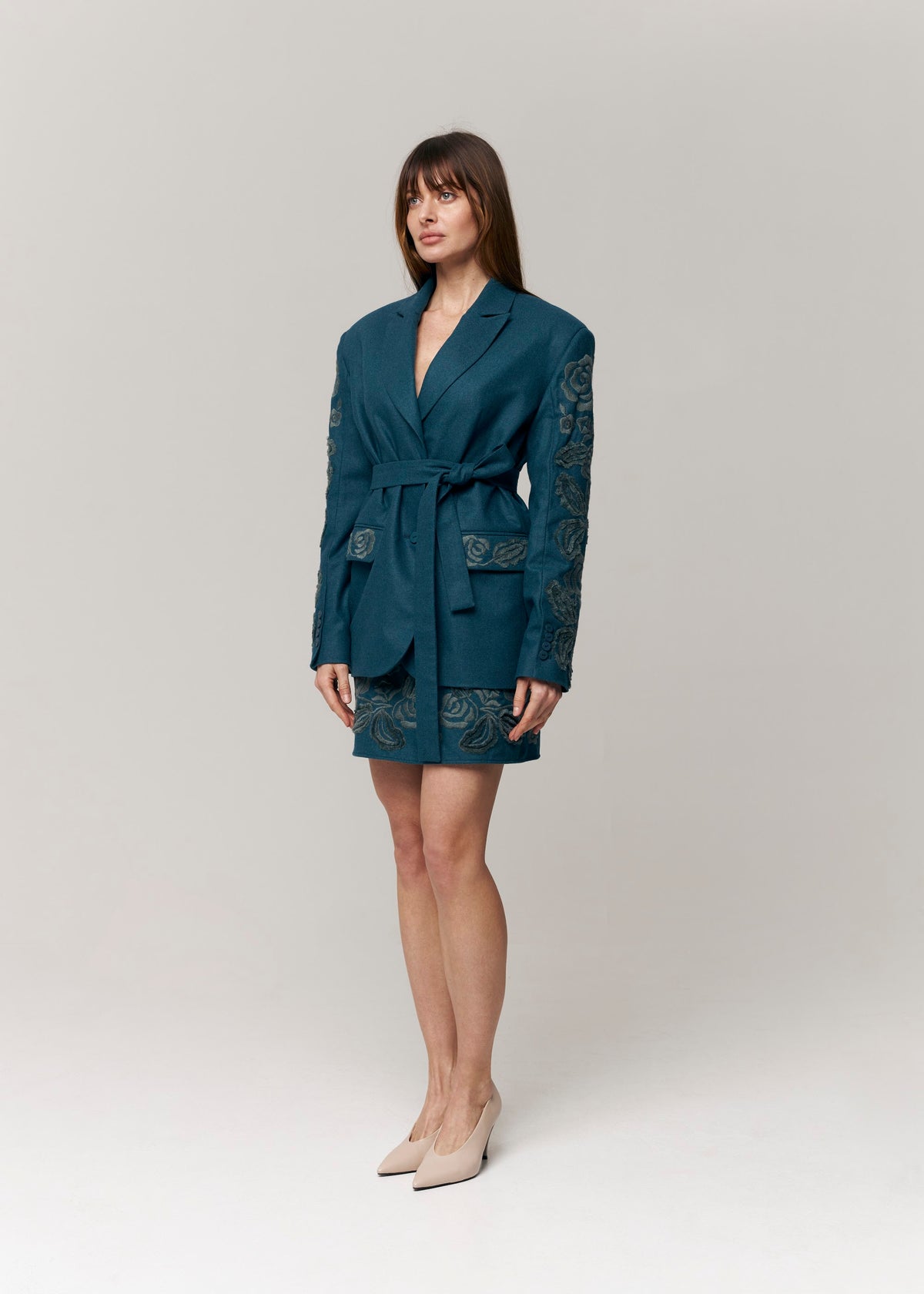 Velvet Rose Floral Embroidered Mini Skirt – Deep Teal