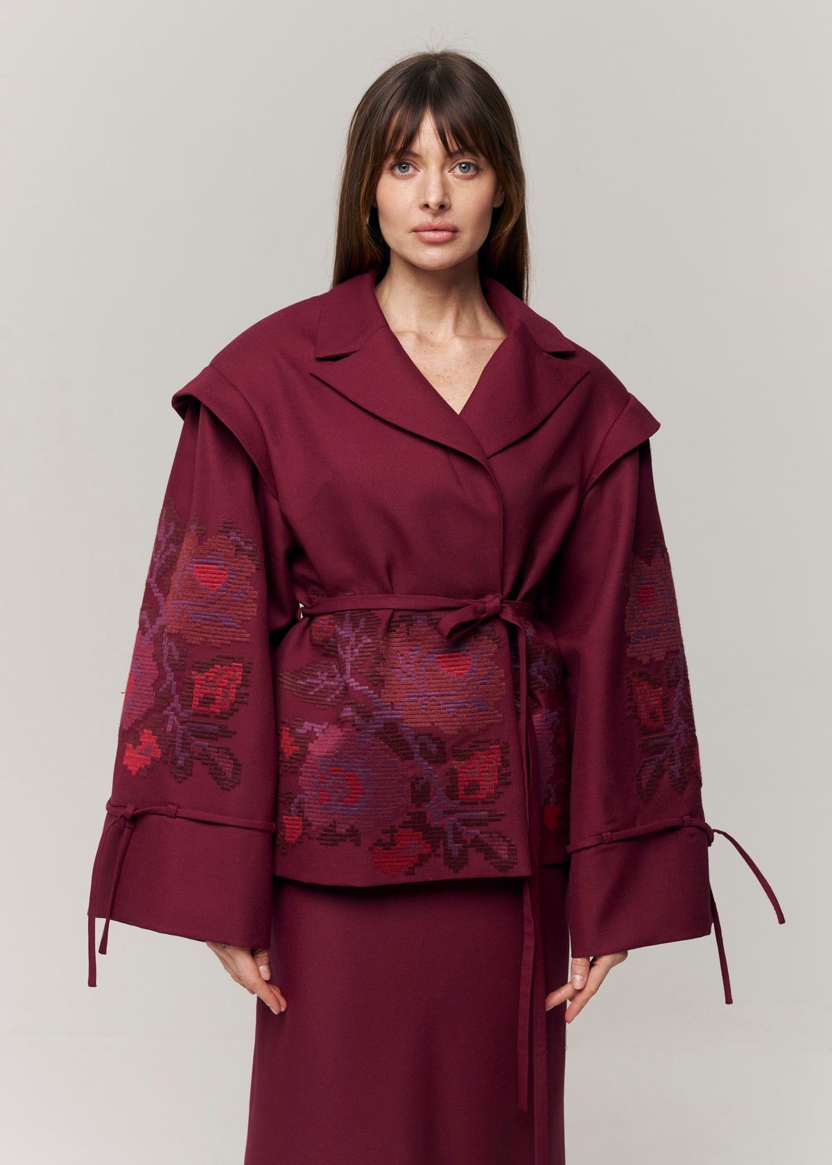 Crimson Pixel Rose Embroidered Wool Maxi Skirt