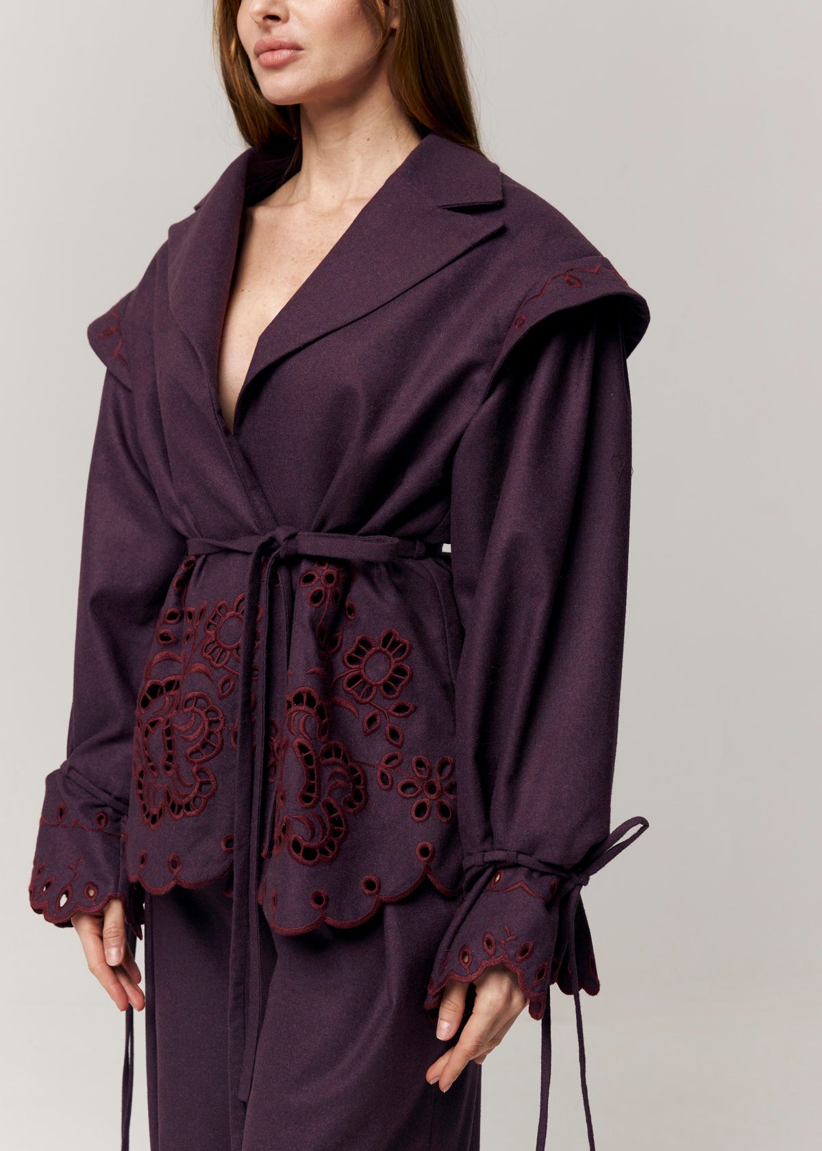 Burgundy Rose Eyelet Embroidered Wool Blazer