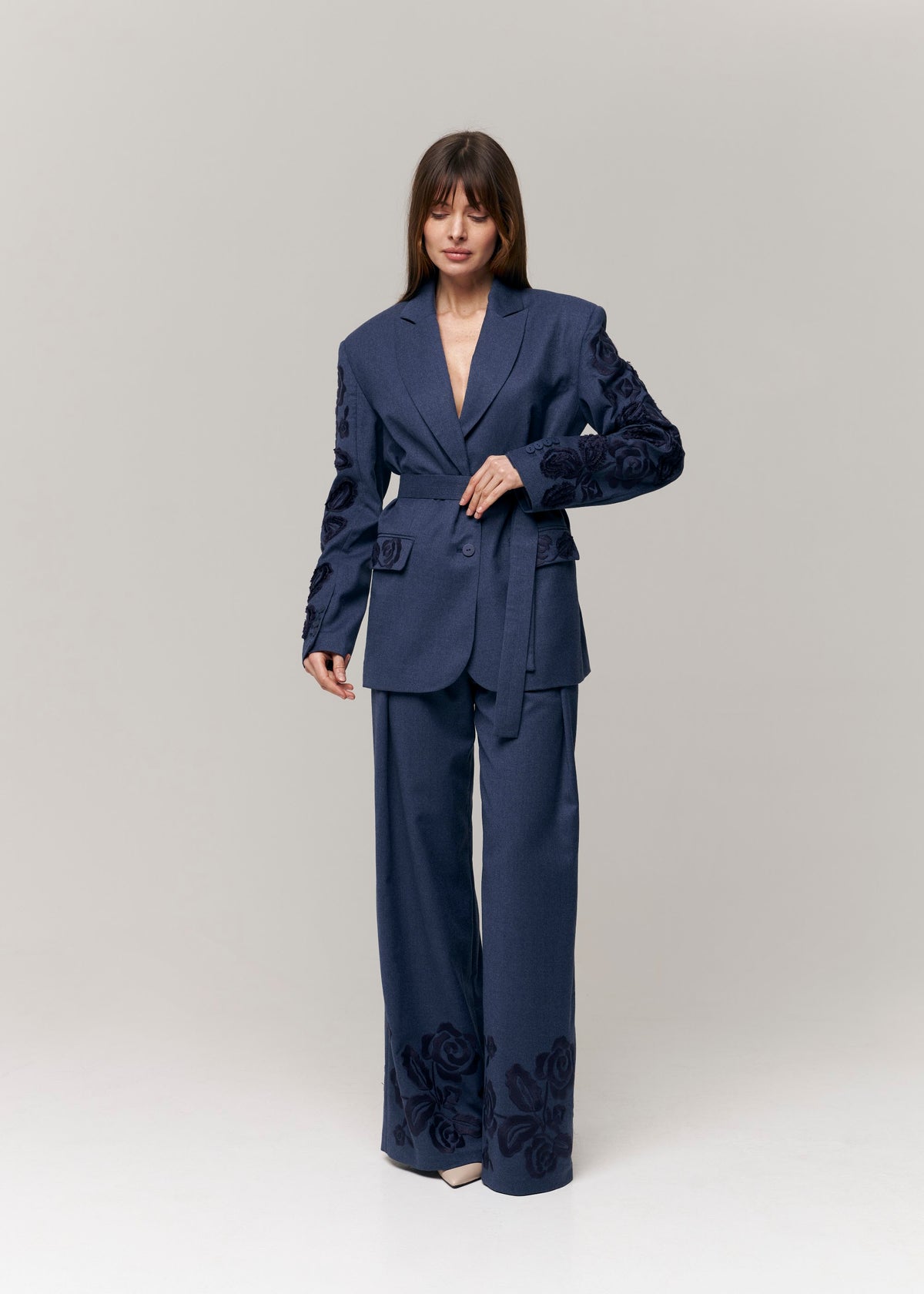 Velvet Rose Embroidered Wool Wide-Leg Pants — Steel Blue